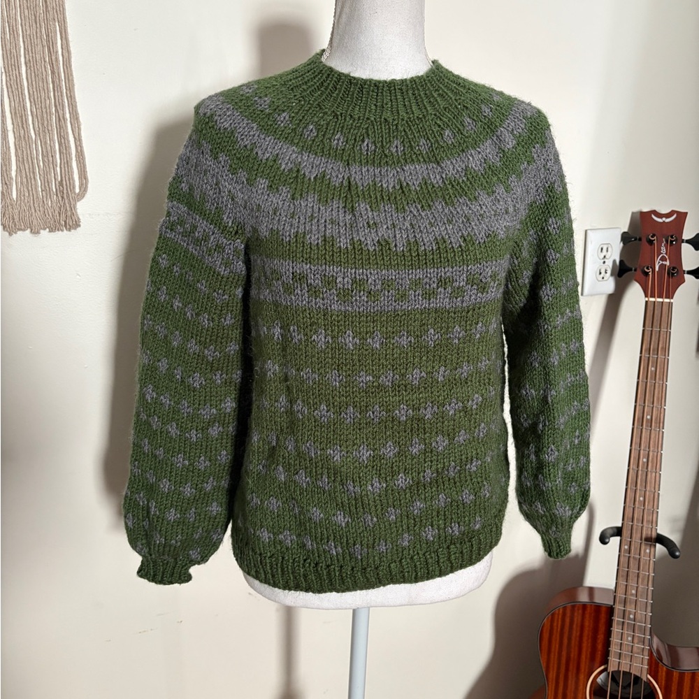 Handknit green and gray colorwork sweater